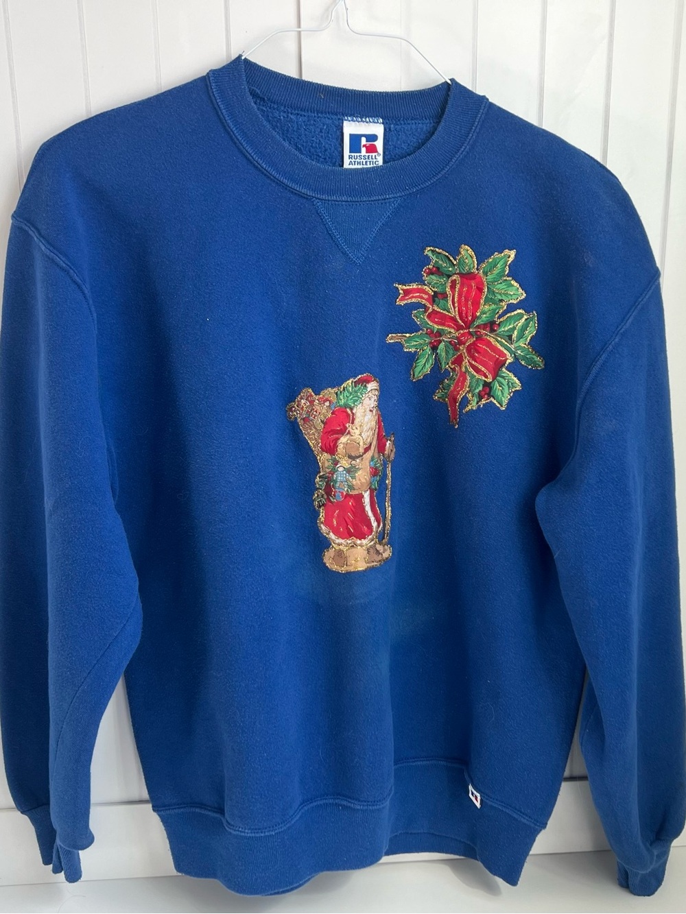 Russell Athletic Blue Crewneck Sweatshirt with Holiday Appliqués